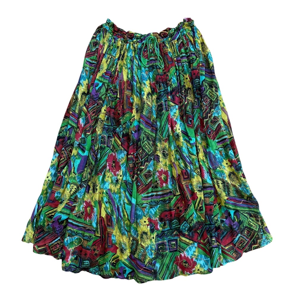 Vintage Boho Abstract Floral Geometric Print Maxi‎ Skirt Green Multi OS